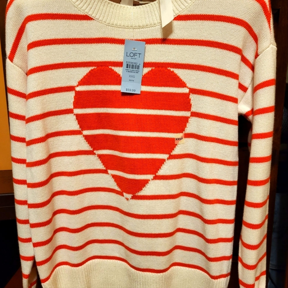 Loft XXS Petite sweater, red and off-white stripes, perfect for Valentine's Day